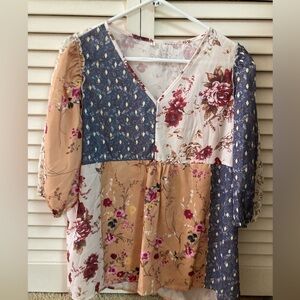 Floral Patchwork V-Neck Peasant Blouse - Pink, Tan & Blue